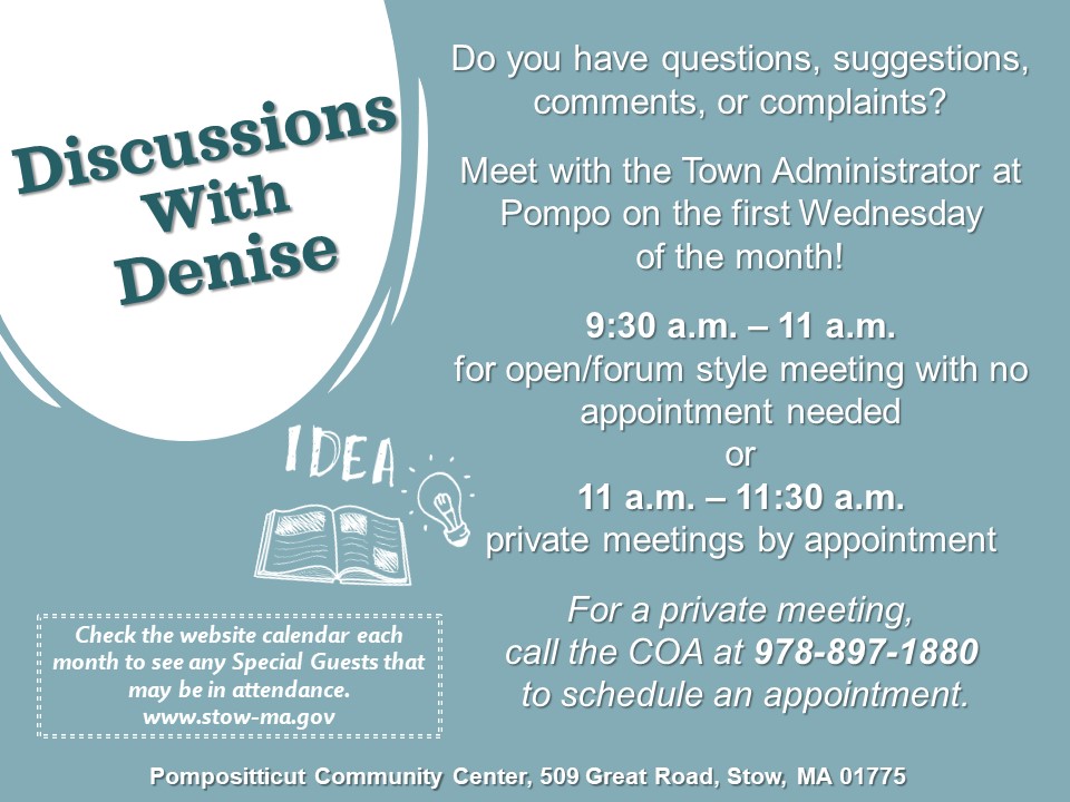 Discussions With Denise Forum at Pompo Wednesday May 1 from 930a-1130a