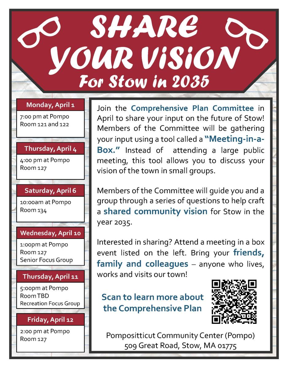 Share your vision for Stow in 2035 by attending Meeting in a Box Sessions at Pompo on select dates in April