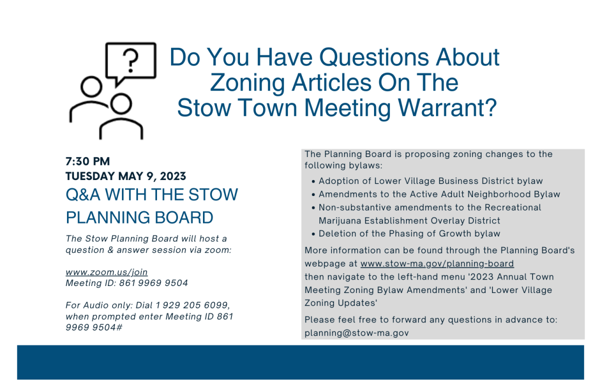 30pm via Zoom, the Planning Board will hold a Question and Answer session on zoning articles on the Town Meeting Warrant