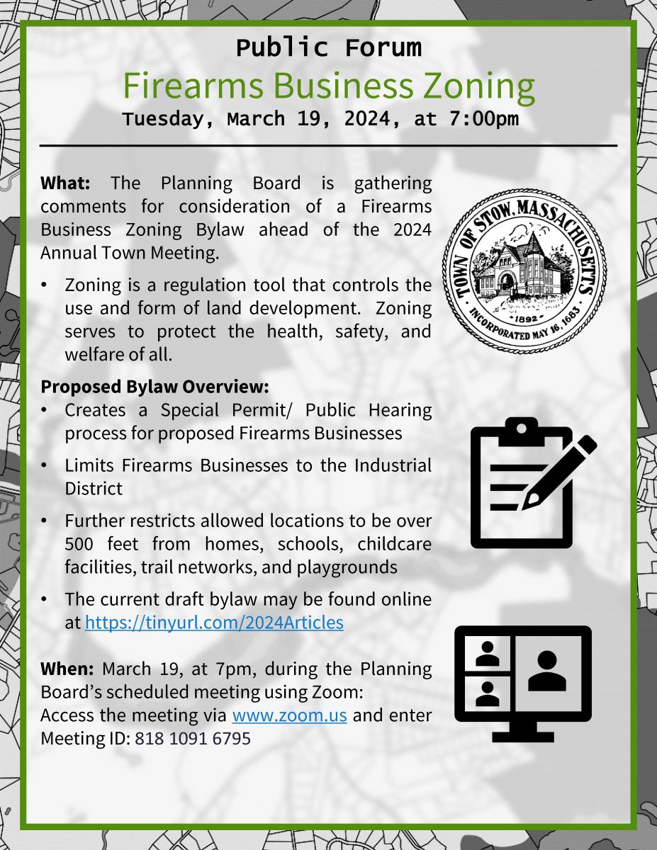 Flyer for Firearms Business Zoning Public Forum Tuesday March 19 at 7pm during the Planning Board's scheduled meeting via Zoom.