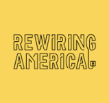 REwirign America logo black words on yellow background with a cord plugged into a wall socket