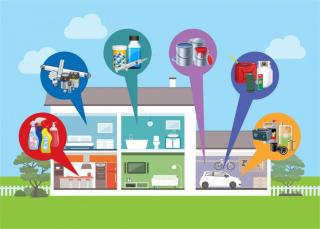 colorful cartoon picture looking into a house and showing household hazardous waste items that can be recycled from each room