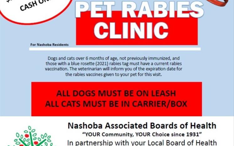 Pet Rabies Clinic 2024 from Nashoba Associate Boards of Health $20 per vaccine cash only